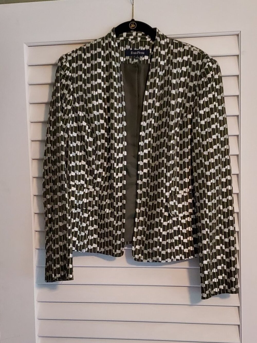 Evan Picone Green & White Geometric Open-Front Jacket Womens Size 6